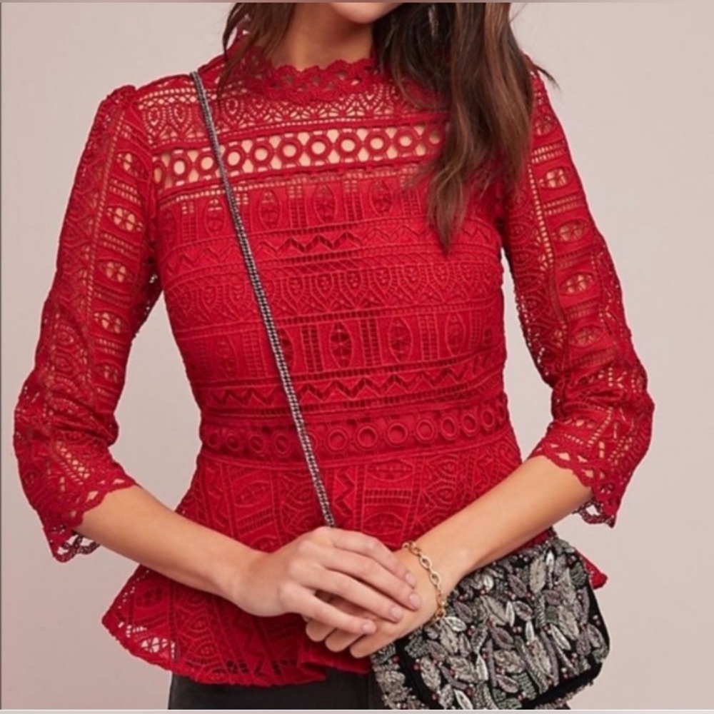 Anthropologie Moulinette Soeurs Tamera Red Lace Peplum Top Blouse